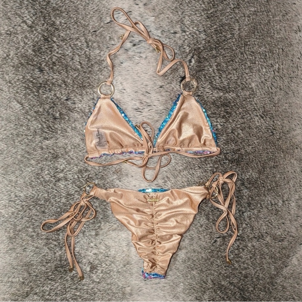 Beach Bunny Turquoise and Pink Sequin Triangle Bikini - Picture 5 of 12